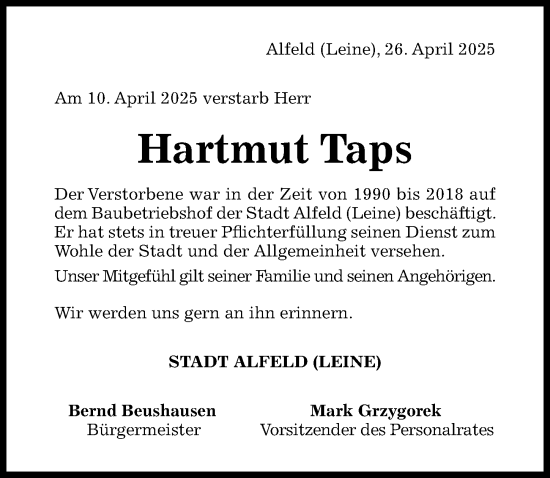 Traueranzeige von Hartmut Taps von Hildesheimer Allgemeine Zeitung