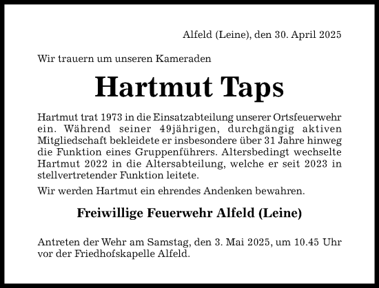 Traueranzeige von Hartmut Taps von Hildesheimer Allgemeine Zeitung