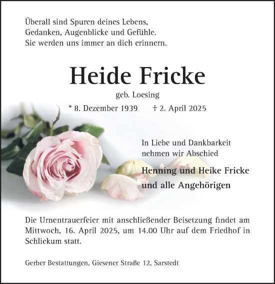 Traueranzeige von Heide Fricke von Hildesheimer Allgemeine Zeitung