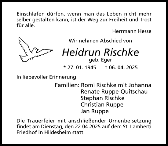 Traueranzeige von Heidrun Rischke von Hildesheimer Allgemeine Zeitung