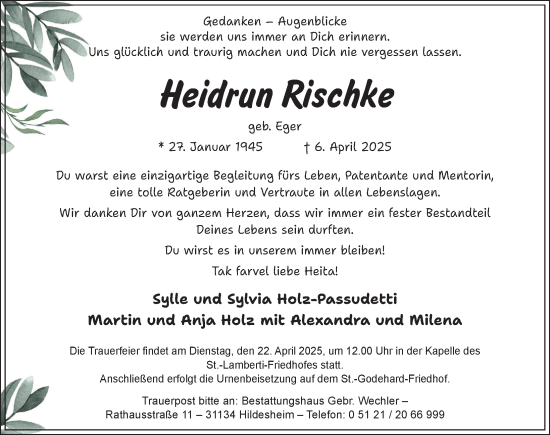 Traueranzeige von Heidrun Rischke von Hildesheimer Allgemeine Zeitung