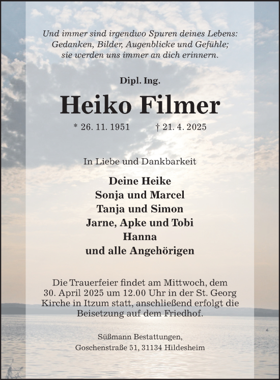 Traueranzeige von Heiko Filmer von Hildesheimer Allgemeine Zeitung