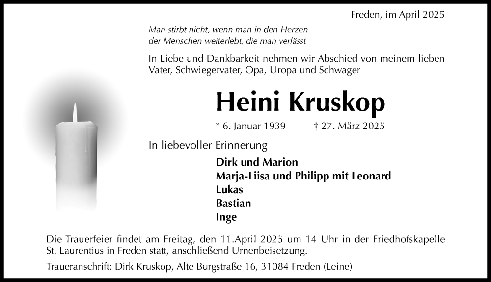  Traueranzeige für Heini Kruskop vom 05.04.2025 aus Hildesheimer Allgemeine Zeitung