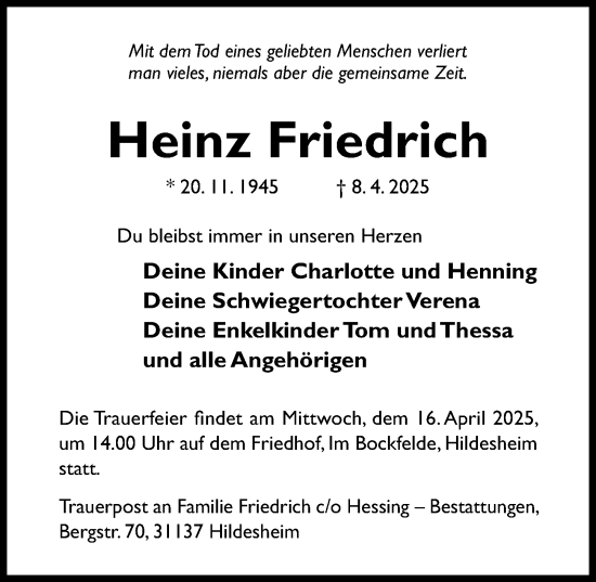 Traueranzeige von Heinz Friedrich von Hildesheimer Allgemeine Zeitung
