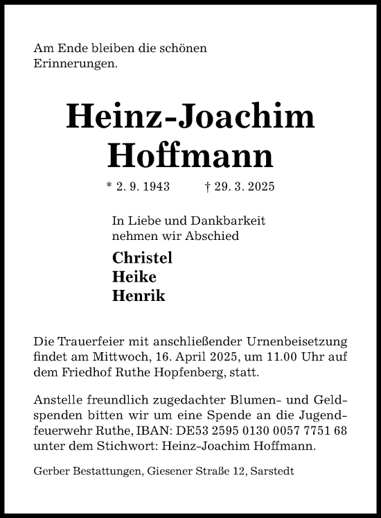 Traueranzeige von Heinz-Joachim Hoffmann von Hildesheimer Allgemeine Zeitung