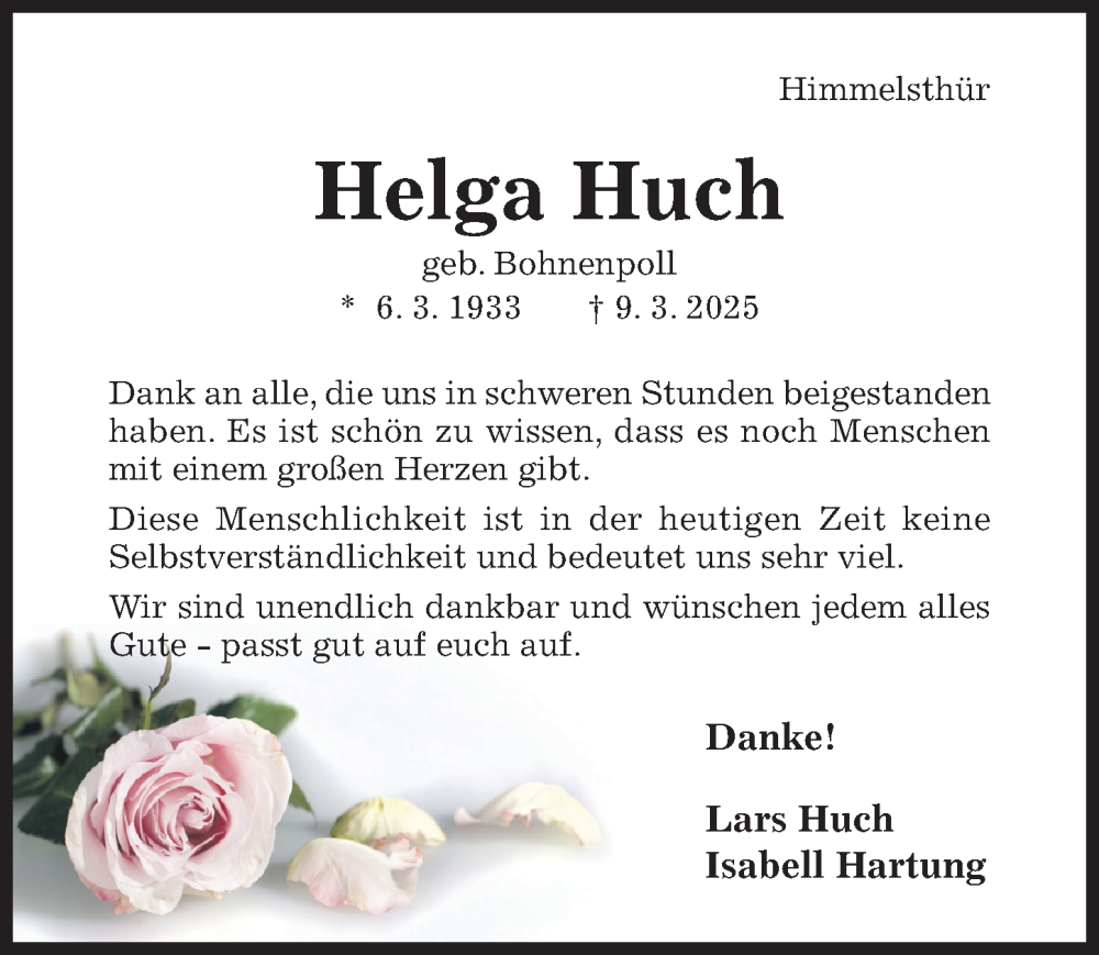  Traueranzeige für Helga Huch vom 02.04.2025 aus Hildesheimer Allgemeine Zeitung