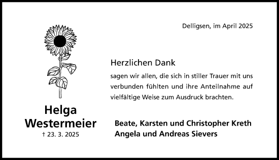 Traueranzeige von Helga Westermeier von Hildesheimer Allgemeine Zeitung