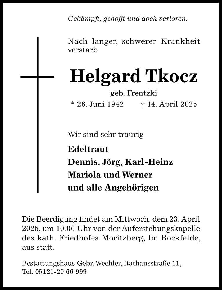  Traueranzeige für Helgard Tkocz vom 19.04.2025 aus Hildesheimer Allgemeine Zeitung