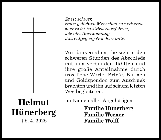 Traueranzeige von Helmut Hünerberg von Hildesheimer Allgemeine Zeitung