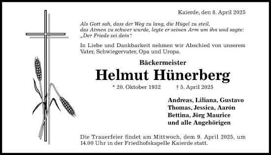 Traueranzeige von Helmut Hünerberg von Hildesheimer Allgemeine Zeitung