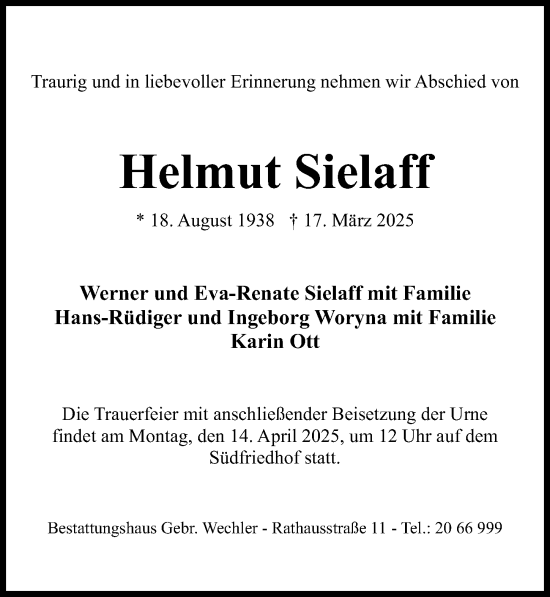 Traueranzeige von Helmut Sielaff von Hildesheimer Allgemeine Zeitung