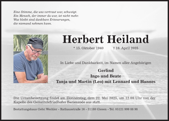 Traueranzeige von Herbert Heiland von Hildesheimer Allgemeine Zeitung