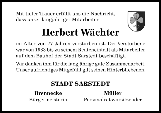 Traueranzeige von Herbert Wächter von Hildesheimer Allgemeine Zeitung