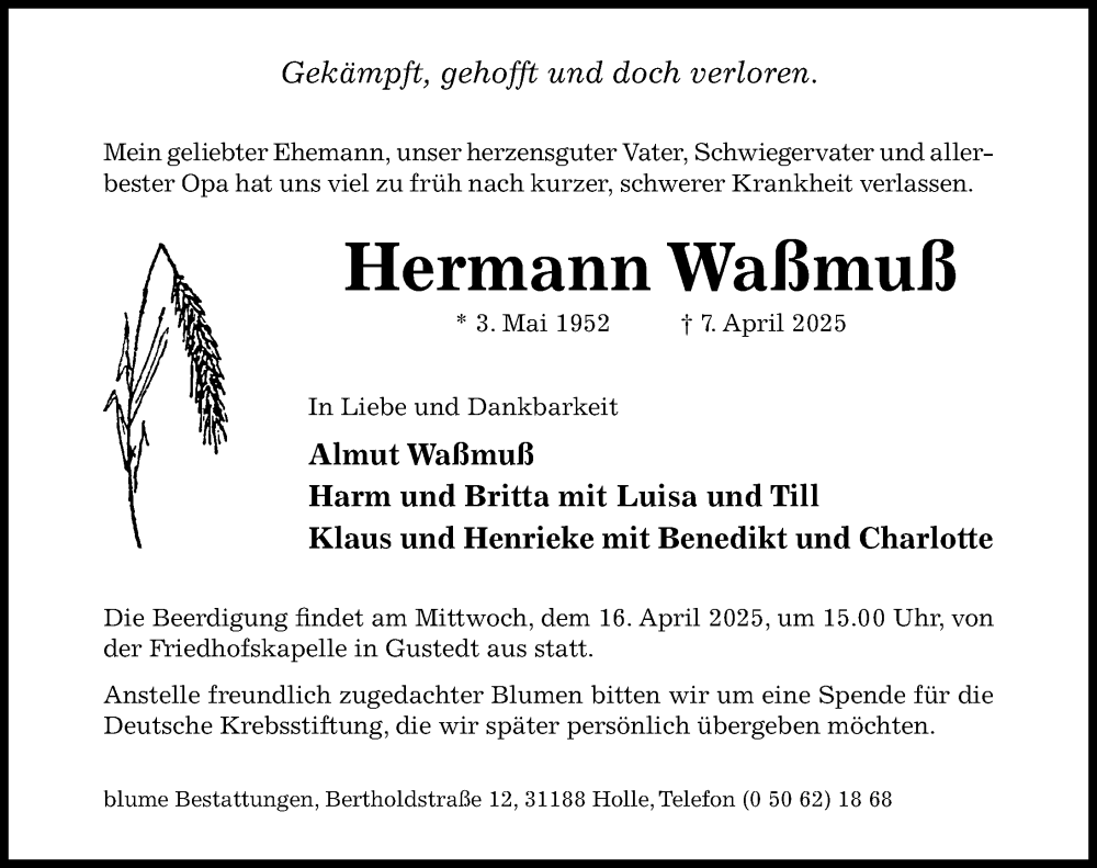  Traueranzeige für Hermann Waßmuß vom 12.04.2025 aus Hildesheimer Allgemeine Zeitung