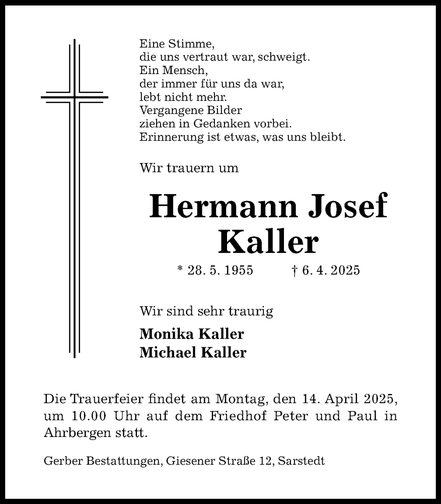  Traueranzeige für Hermann Josef Kaller vom 12.04.2025 aus Hildesheimer Allgemeine Zeitung