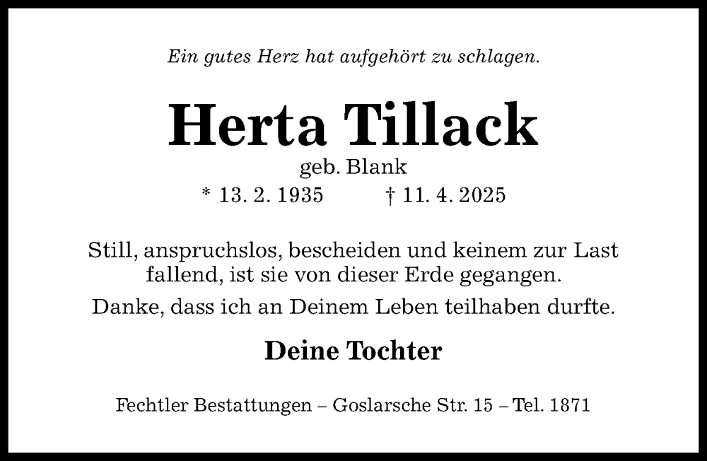  Traueranzeige für Herta Tillack vom 23.04.2025 aus Hildesheimer Allgemeine Zeitung