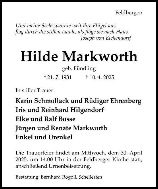 Traueranzeige von Hilde Markworth von Hildesheimer Allgemeine Zeitung