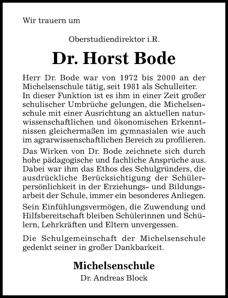  Traueranzeige für Horst Bode vom 26.04.2025 aus Hildesheimer Allgemeine Zeitung