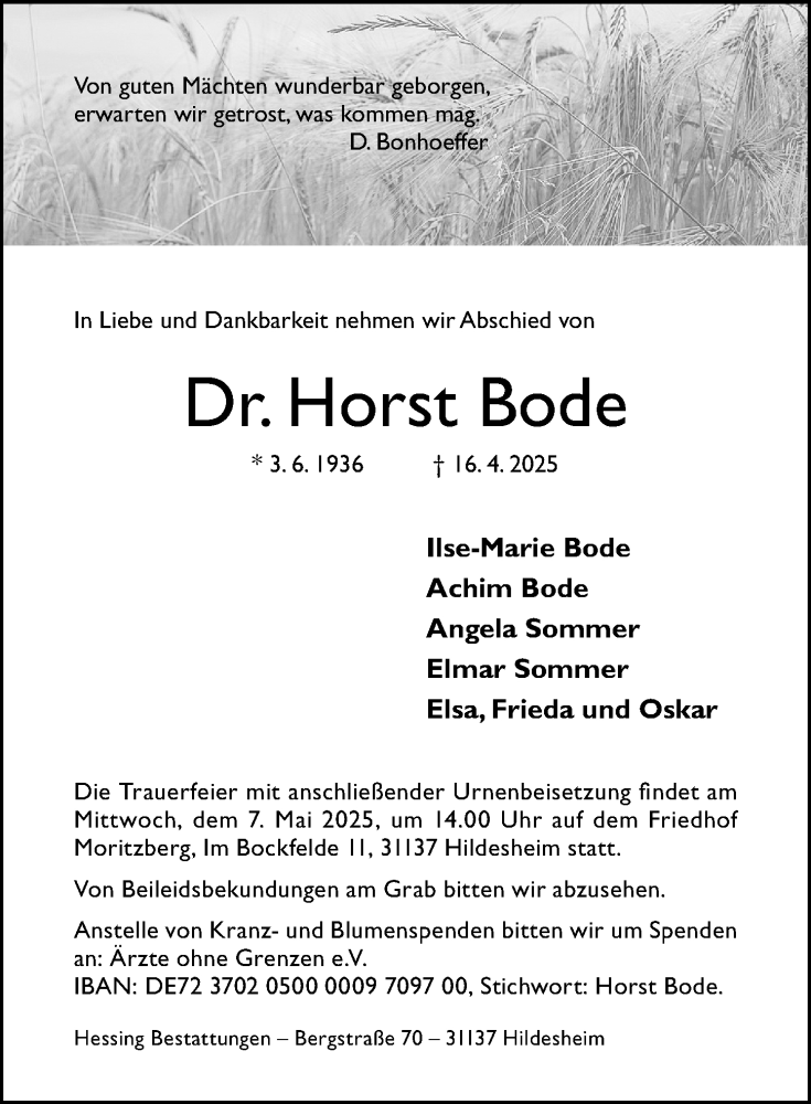  Traueranzeige für Horst Bode vom 26.04.2025 aus Hildesheimer Allgemeine Zeitung