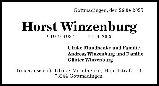 Traueranzeige von Horst Winzenburg von Hildesheimer Allgemeine Zeitung