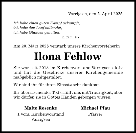 Traueranzeige von Ilona Fehlow von Hildesheimer Allgemeine Zeitung