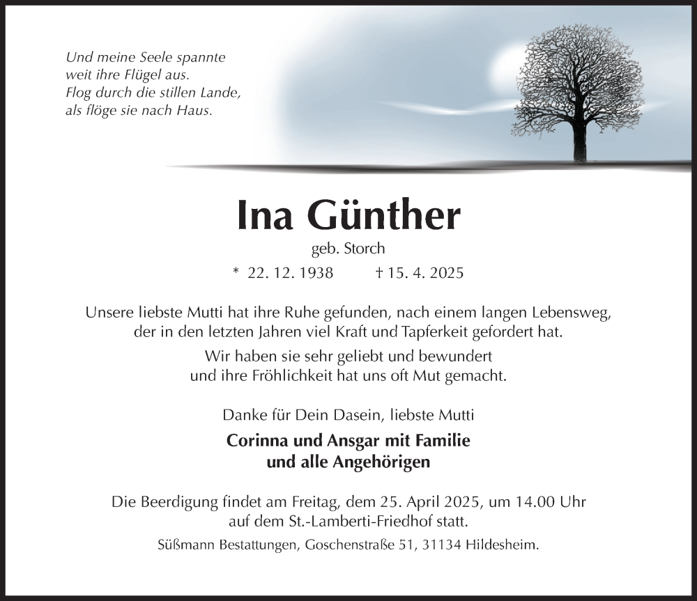  Traueranzeige für Ina Günther vom 23.04.2025 aus Hildesheimer Allgemeine Zeitung