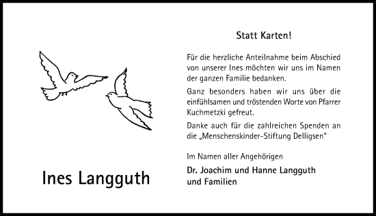 Traueranzeige von Ines Langguth von Hildesheimer Allgemeine Zeitung
