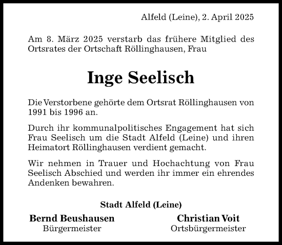 Traueranzeige von Inge Seelisch von Hildesheimer Allgemeine Zeitung