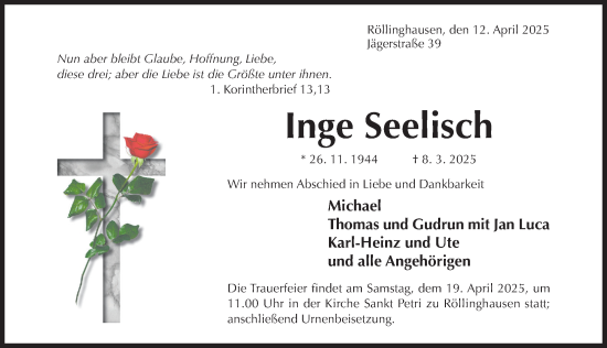 Traueranzeige von Inge Seelisch von Hildesheimer Allgemeine Zeitung