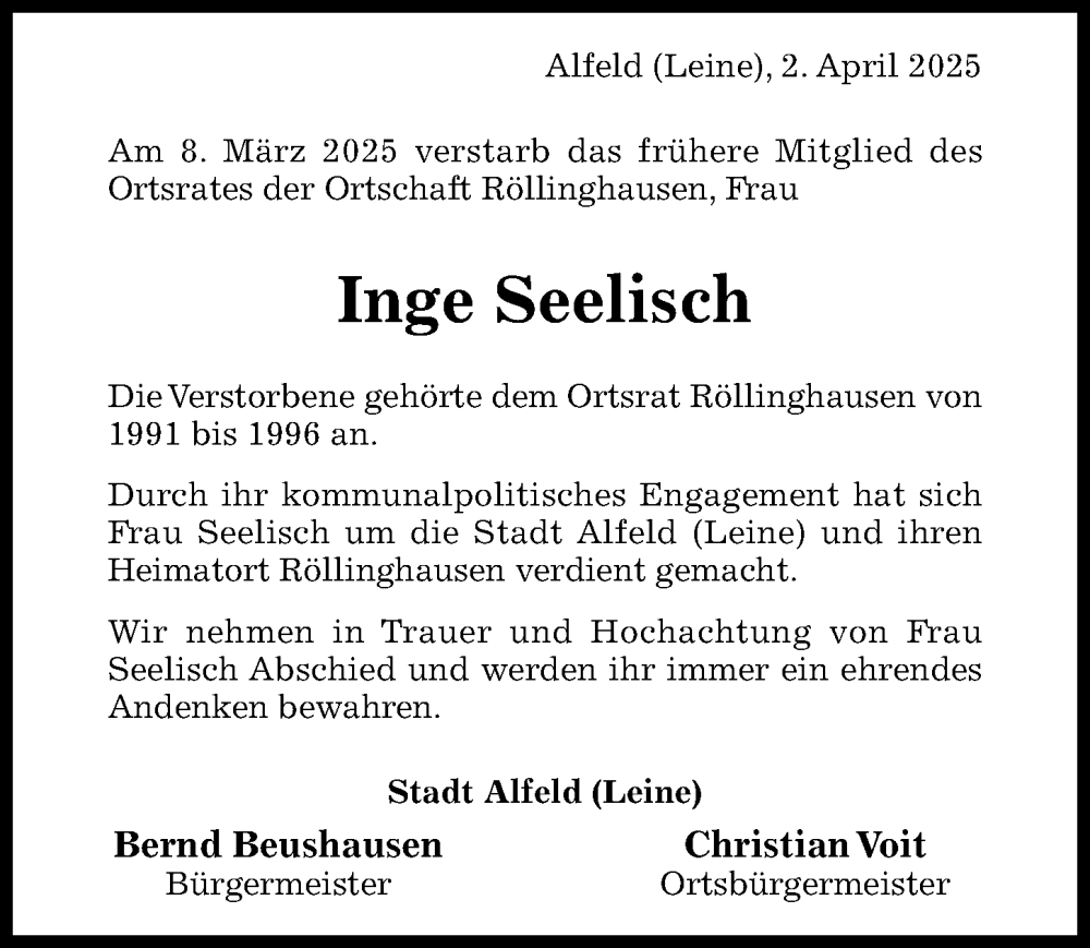  Traueranzeige für Inge Seelisch vom 02.04.2025 aus Hildesheimer Allgemeine Zeitung