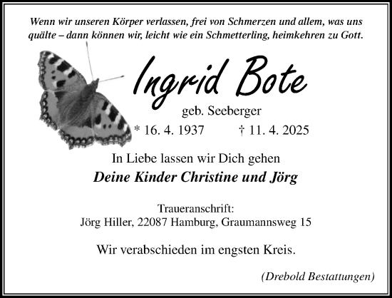 Traueranzeige von Ingrid Bote von Hildesheimer Allgemeine Zeitung