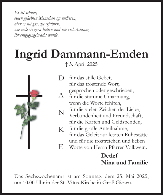 Traueranzeige von Ingrid Dammann-Emden von Hildesheimer Allgemeine Zeitung