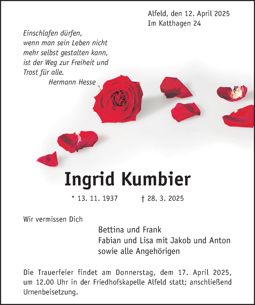  Traueranzeige für Ingrid Kumbier vom 12.04.2025 aus Hildesheimer Allgemeine Zeitung