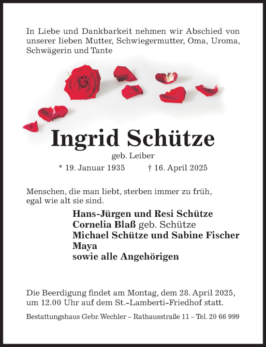 Traueranzeige von Ingrid Schütze von Hildesheimer Allgemeine Zeitung