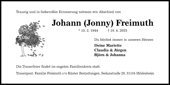 Traueranzeige von Johann Freimuth von Hildesheimer Allgemeine Zeitung