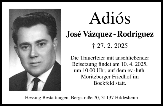 Traueranzeige von Jose Vazquez-Rodriguez von Hildesheimer Allgemeine Zeitung