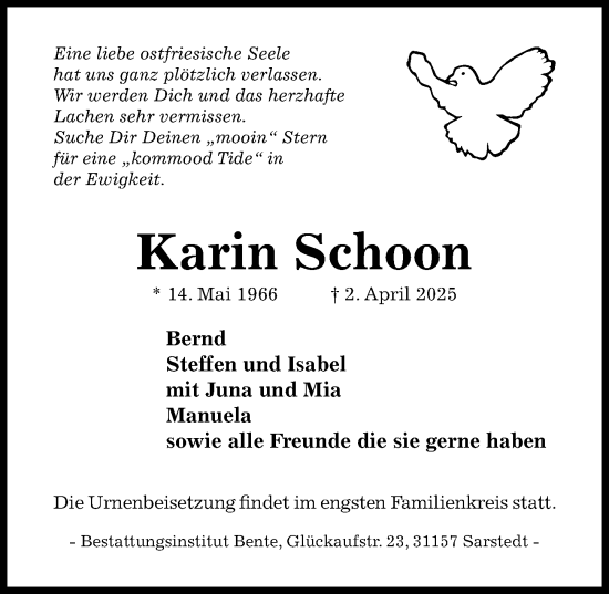Traueranzeige von Karin Schoon von Hildesheimer Allgemeine Zeitung