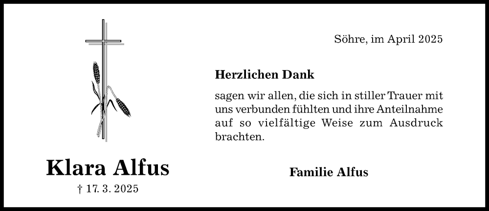  Traueranzeige für Klara Alfus vom 16.04.2025 aus Hildesheimer Allgemeine Zeitung