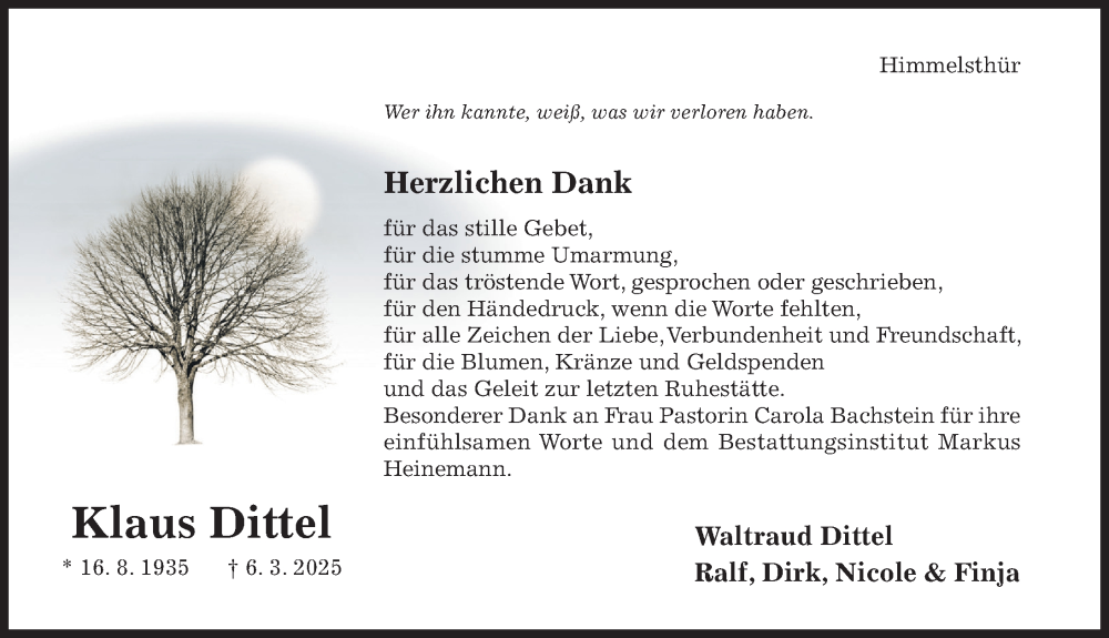  Traueranzeige für Klaus Dittel vom 16.04.2025 aus Hildesheimer Allgemeine Zeitung