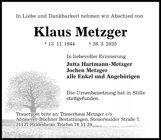 Traueranzeige von Klaus Metzger von Hildesheimer Allgemeine Zeitung