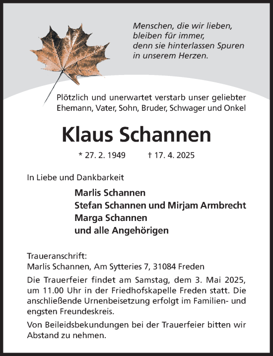 Traueranzeige von Klaus Schannen von Hildesheimer Allgemeine Zeitung