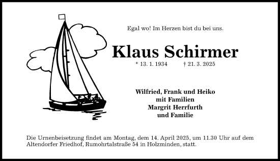 Traueranzeige von Klaus Schirmer von Hildesheimer Allgemeine Zeitung