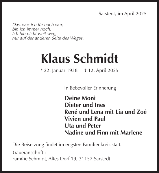 Traueranzeige von Klaus Schmidt von Hildesheimer Allgemeine Zeitung