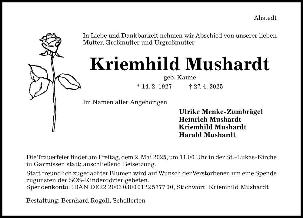  Traueranzeige für Kriemhild Mushardt vom 29.04.2025 aus Hildesheimer Allgemeine Zeitung