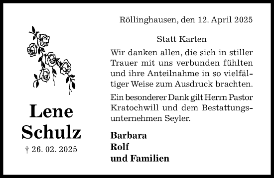 Traueranzeige von Lene Schulz von Hildesheimer Allgemeine Zeitung