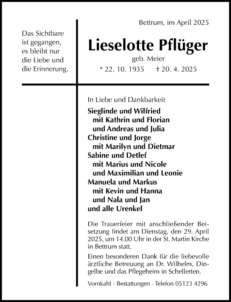  Traueranzeige für Lieselotte Pflüger vom 23.04.2025 aus Hildesheimer Allgemeine Zeitung