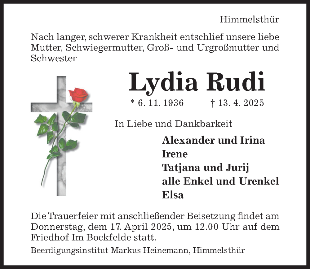  Traueranzeige für Lydia Rudi vom 15.04.2025 aus Hildesheimer Allgemeine Zeitung