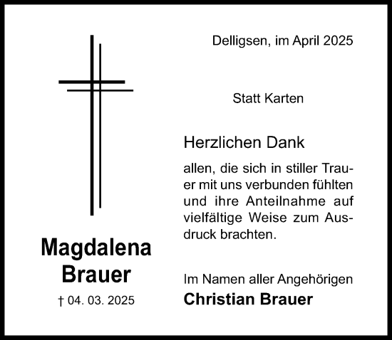 Traueranzeige von Magdalena Brauer von Hildesheimer Allgemeine Zeitung