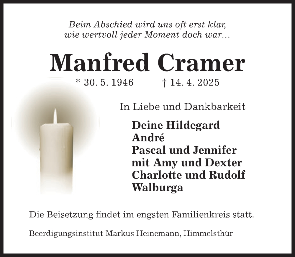  Traueranzeige für Manfred Cramer vom 16.04.2025 aus Hildesheimer Allgemeine Zeitung