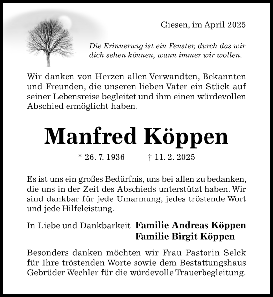 Traueranzeige von Manfred Köppen von Hildesheimer Allgemeine Zeitung